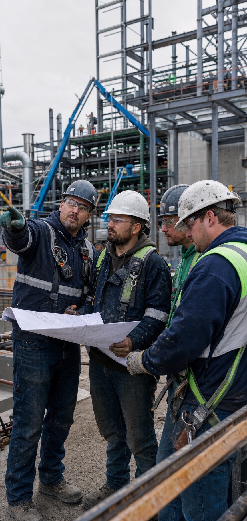 Safety leader and tradespeople reviewing work plans at an industrial construction site